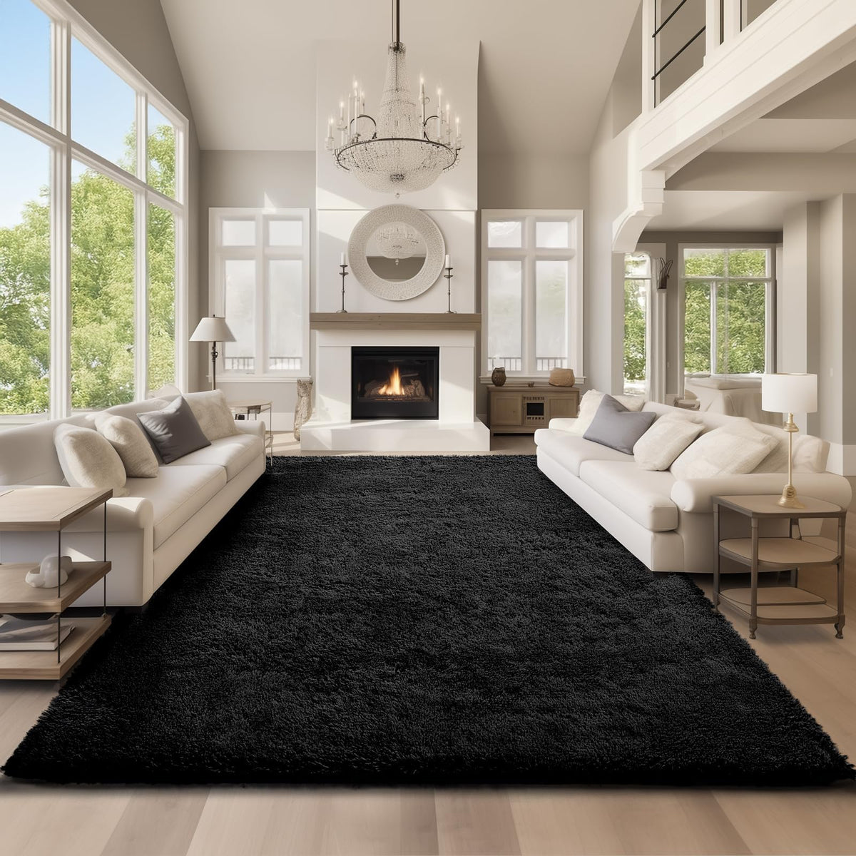 Ophanie 9x12 front view showing plush black shag and modern decor benefit comfort