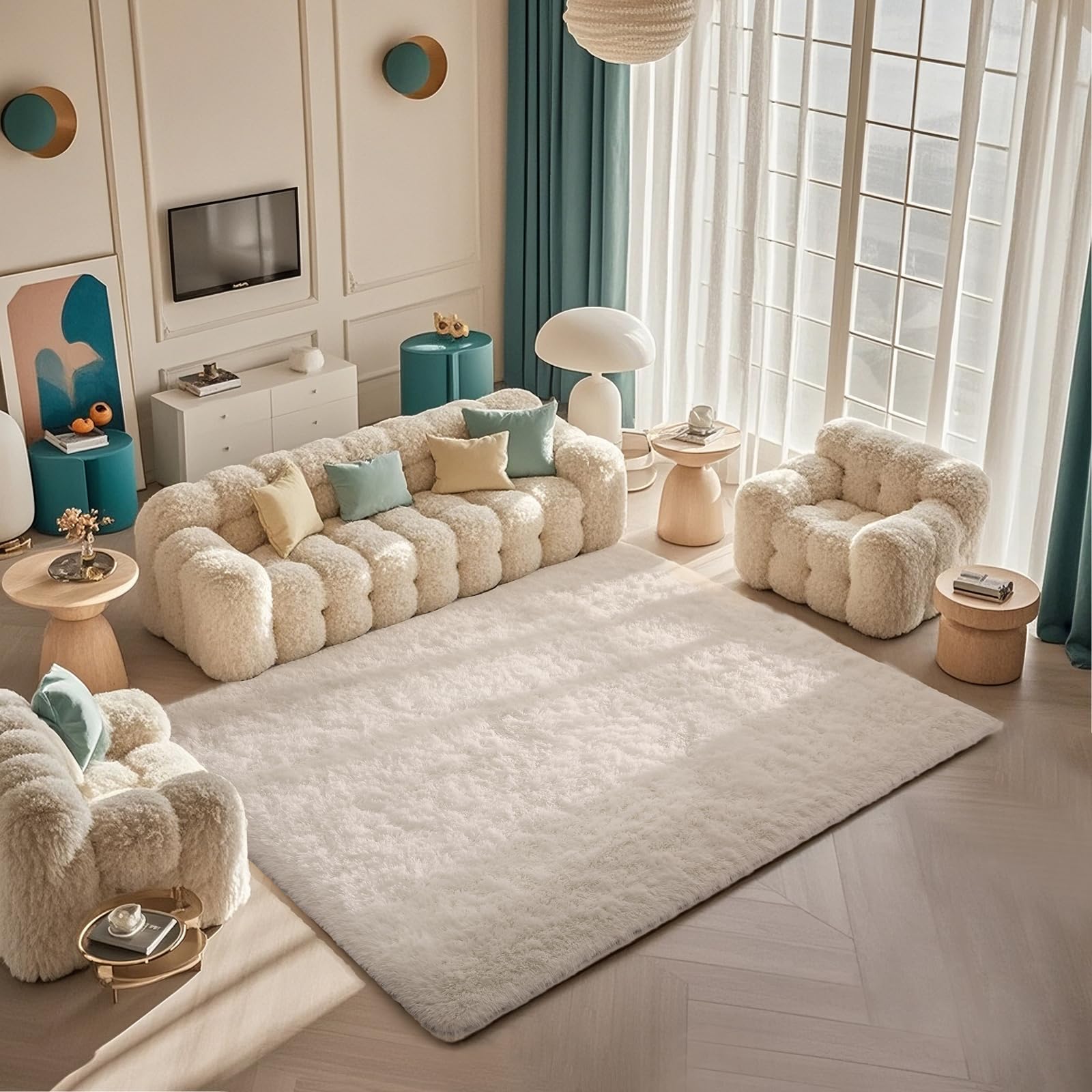 Ophanie beside bed showing 5x7 scale to illustrate room fit and soft landing