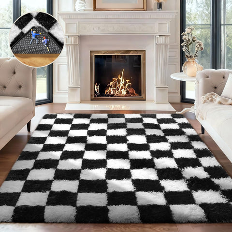 Ophanie rug front view showing black and white check pattern and plush feel benefit of style