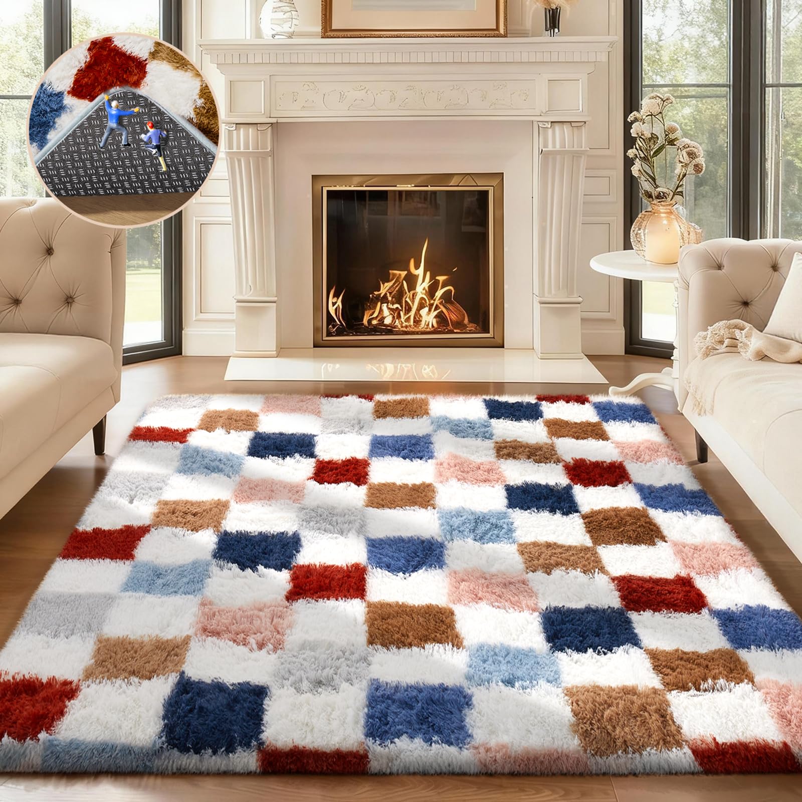 Ophanie front view showing checkered rainbow rug adding color and warmth