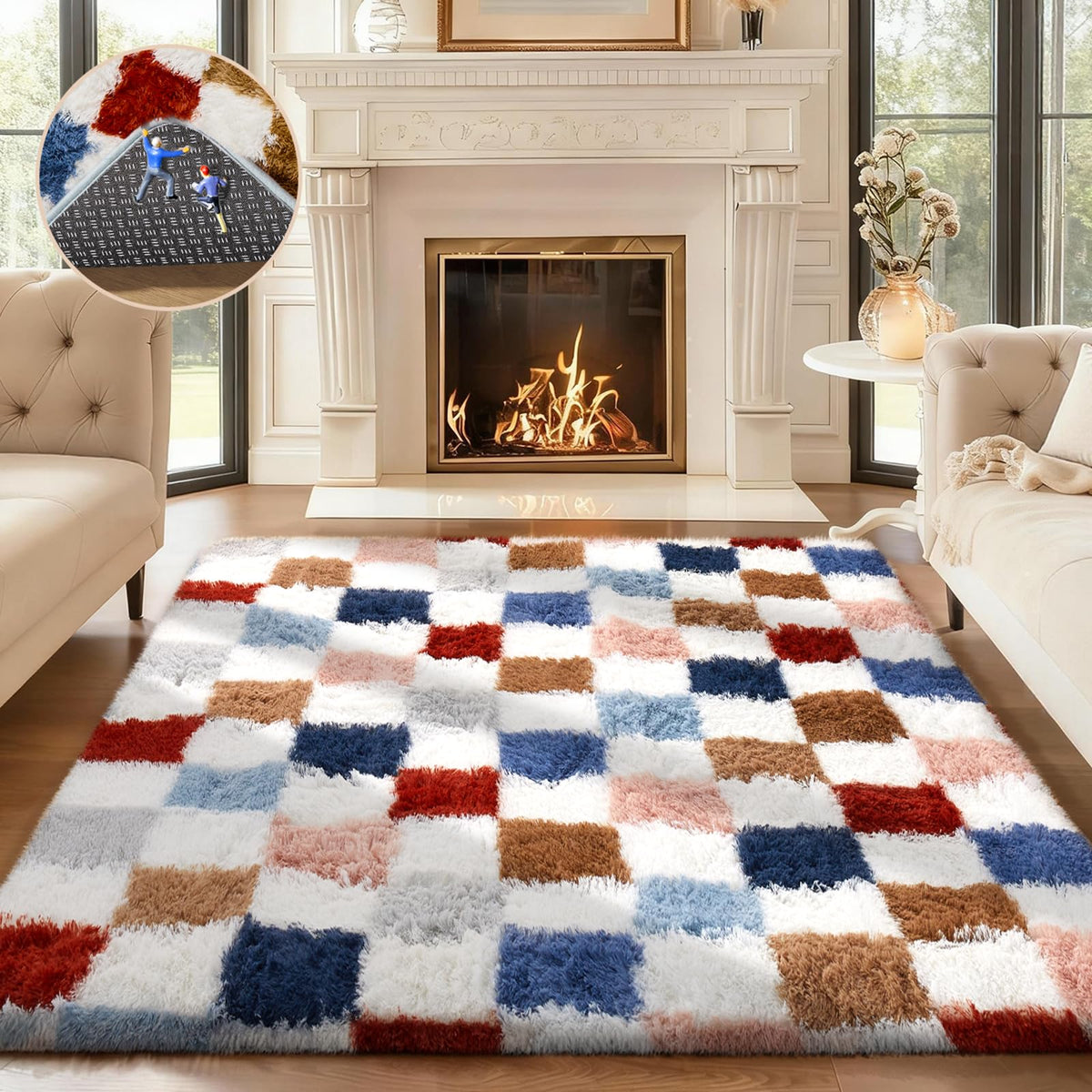 Ophanie front view showing checkered rainbow rug adding color and warmth