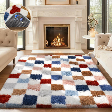 Ophanie front view showing checkered rainbow rug adding color and warmth
