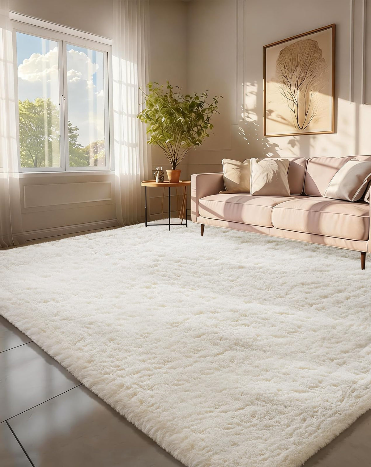 Ophanie front view 6x9 ivory rug showcasing plush surface and calming color