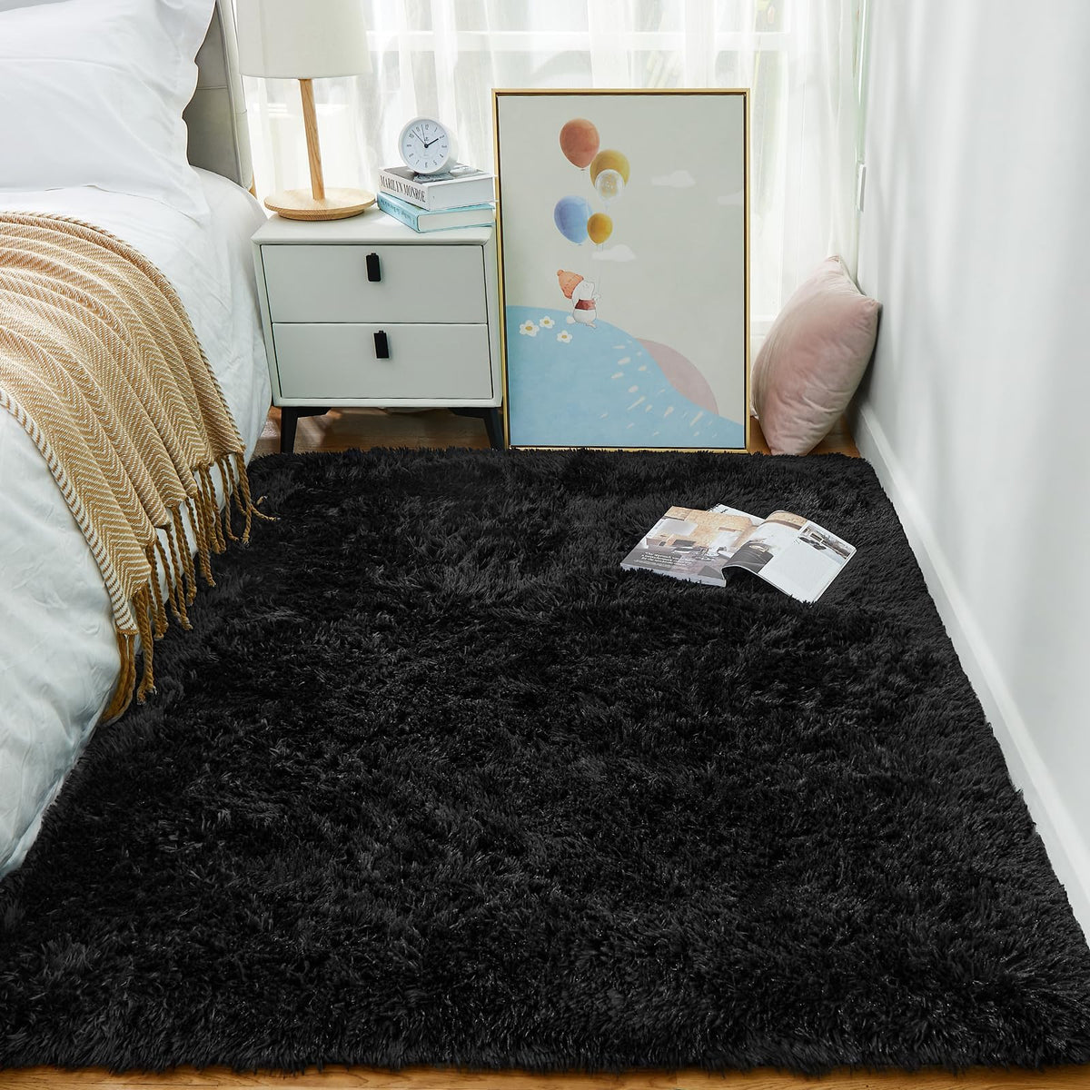 Ophanie front view of black 3x5 rug showing plush surface and neat edges for cozy decor