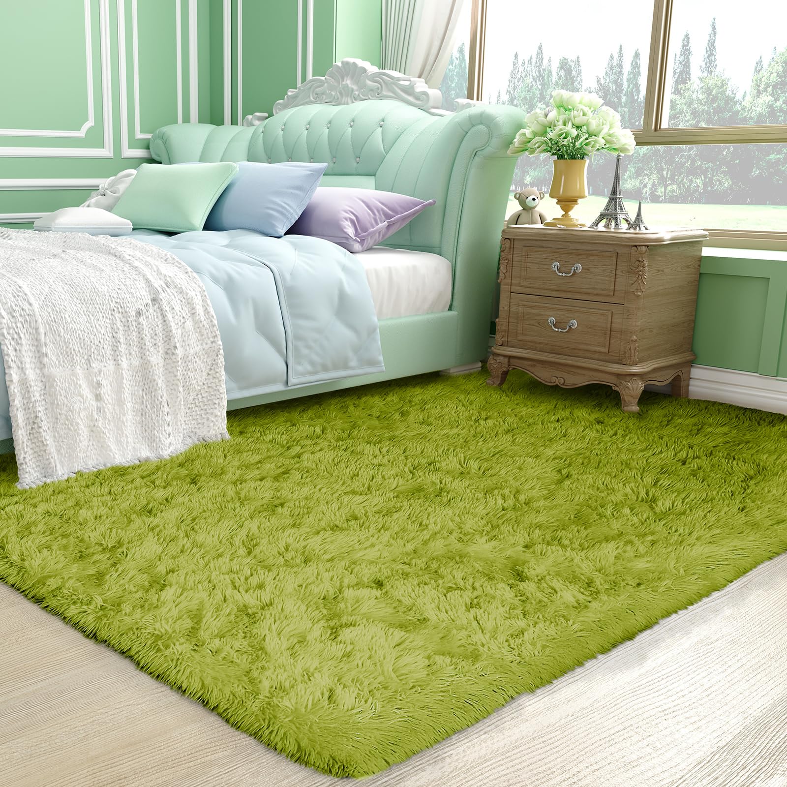 Ophanie rug in a dorm showing scale and budget-friendly comfort