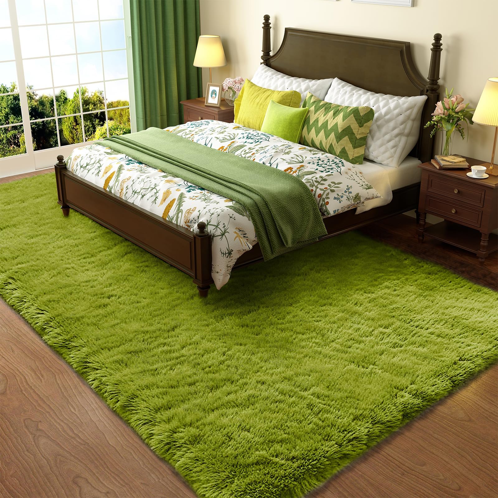 Ophanie front view green shag rug showing plush surface and cozy look