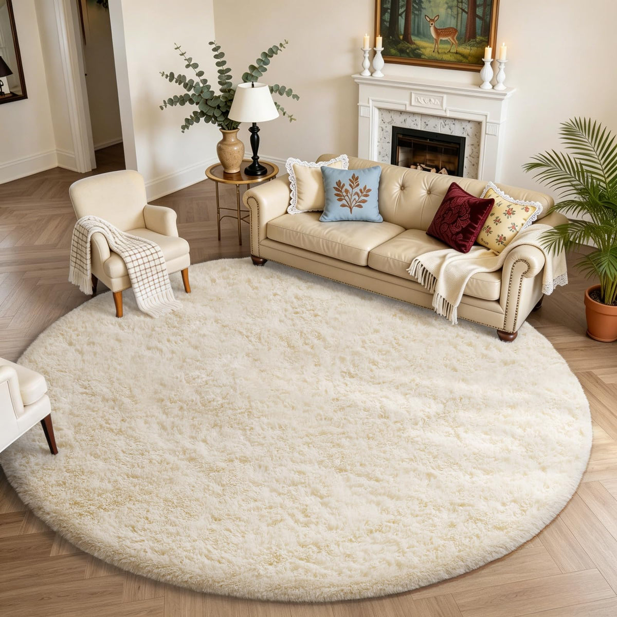 Ophanie front view of ivory round rug showing plush softness and style