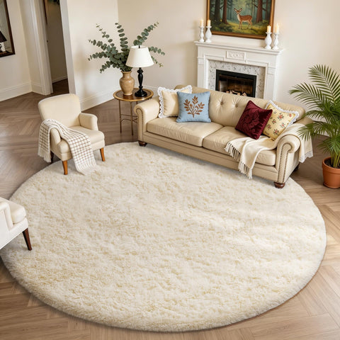 Ophanie front view of ivory round rug showing plush softness and style