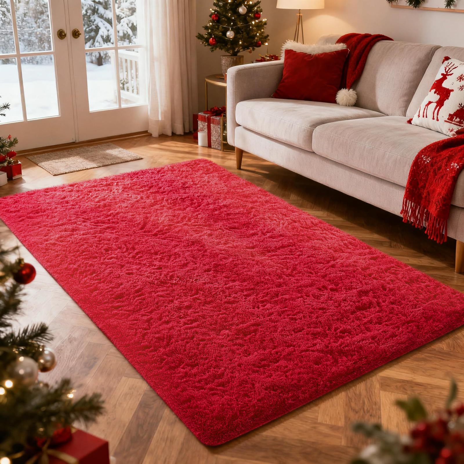 Ophanie front view of red 4x6 rug showing plush texture and color warmth
