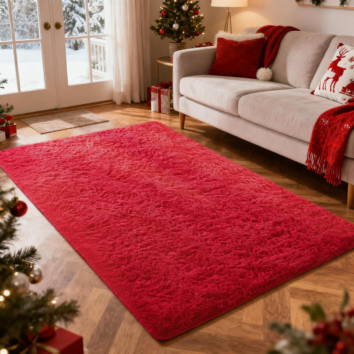 Ophanie front view of red 4x6 rug showing plush texture and color warmth