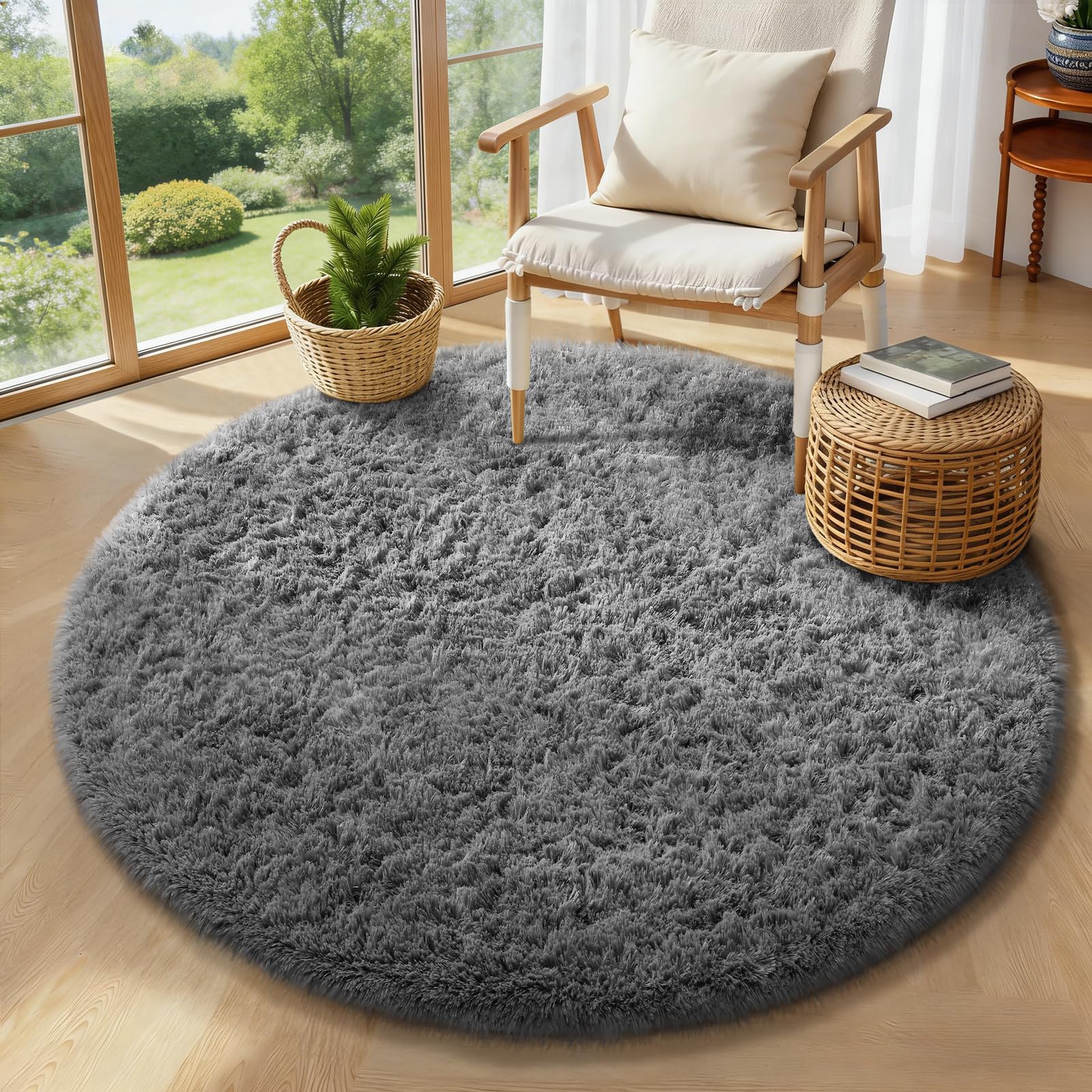 Ophanie front view of 4ft grey round rug showing soft plush surface and shape