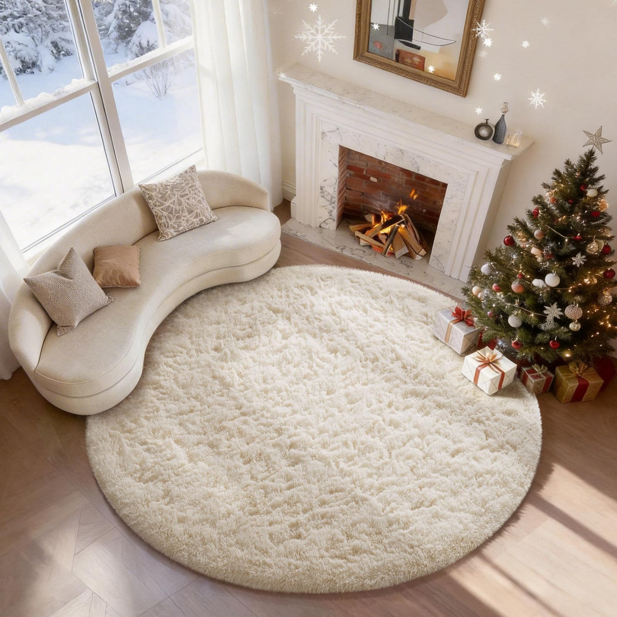 Ophanie round rug front view showing plush ivory surface and circular design for cozy decor