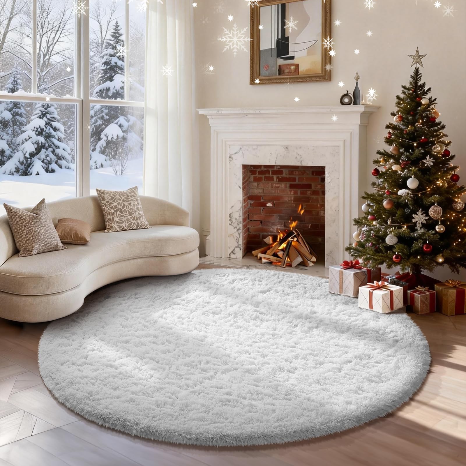 Ophanie round rug front view showing plush white pile and cozy look
