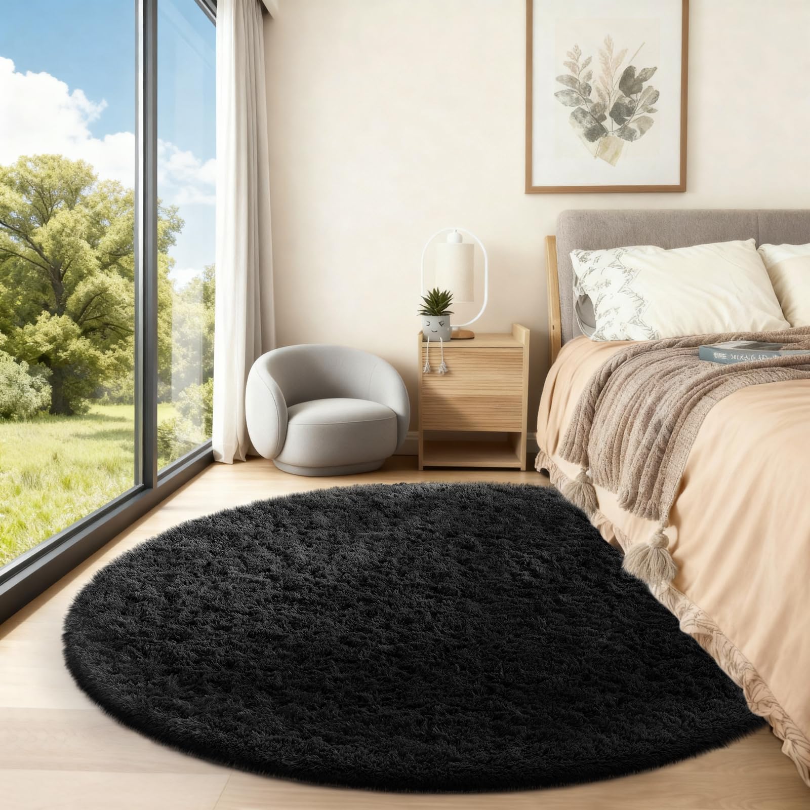 Ophanie rug next to chair showing size and scale for room planning benefit