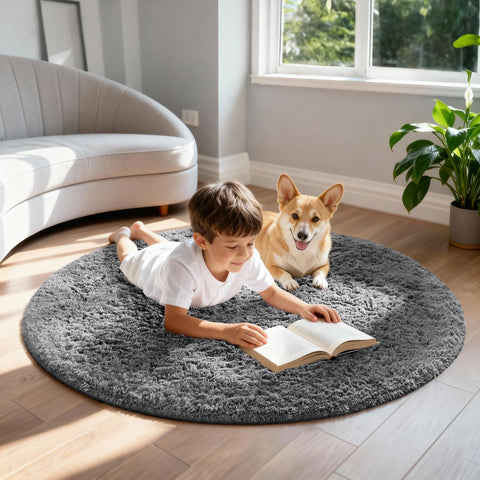 Ophanie rug next to chair showing scale and compact size for small rooms