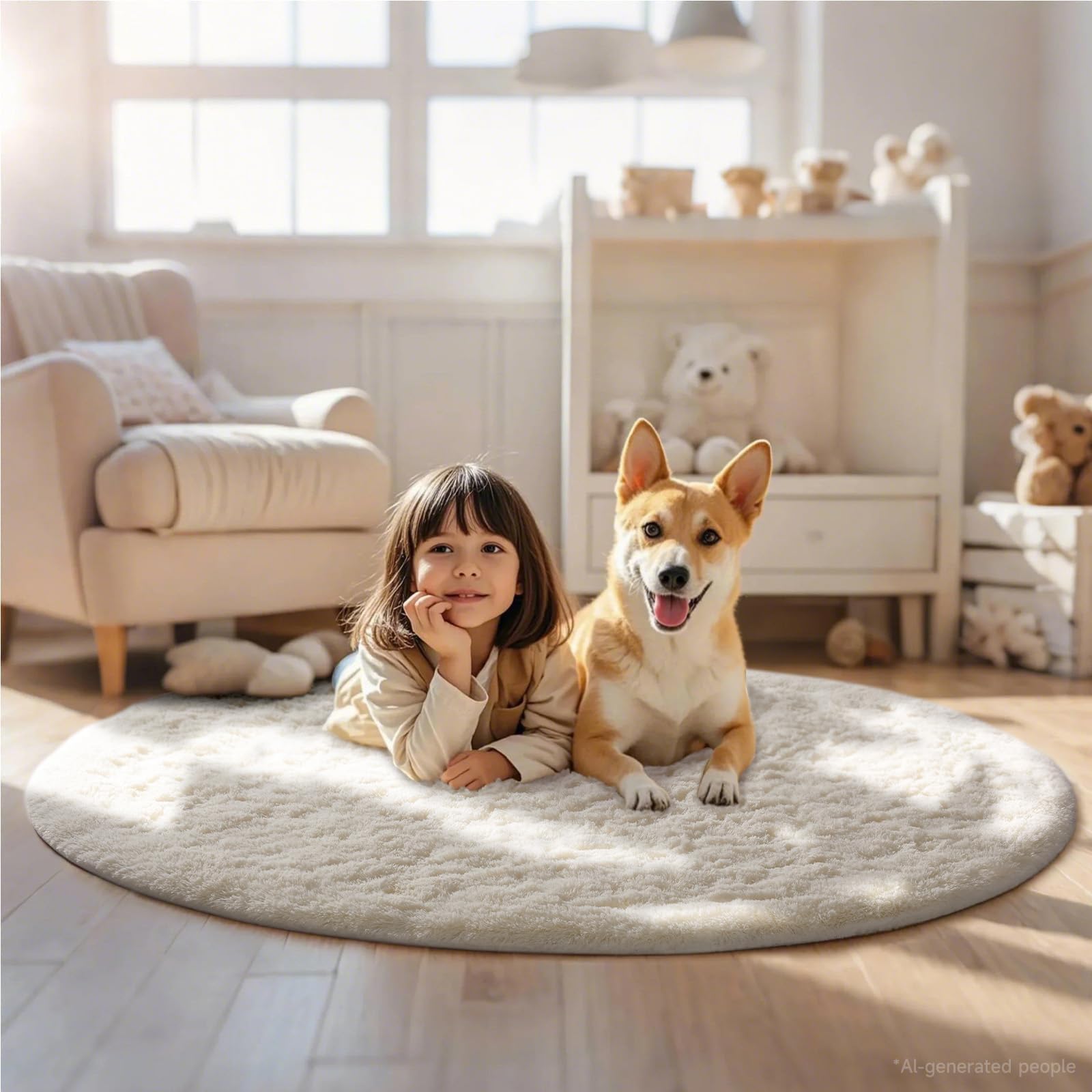Ophanie rug size scale with chair showing five-foot diameter fit in medium rooms
