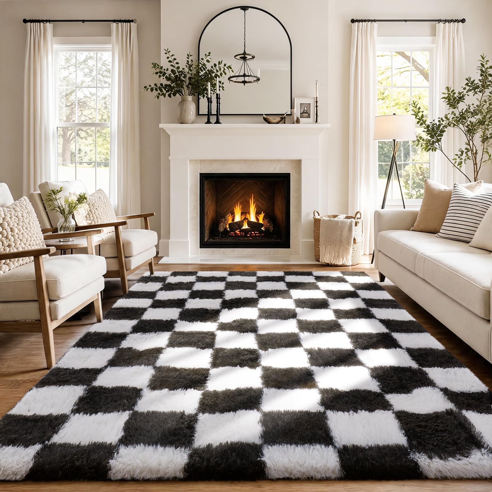 Ophanie rug next to sofa demonstrating 4x6 scale and room anchoring benefit