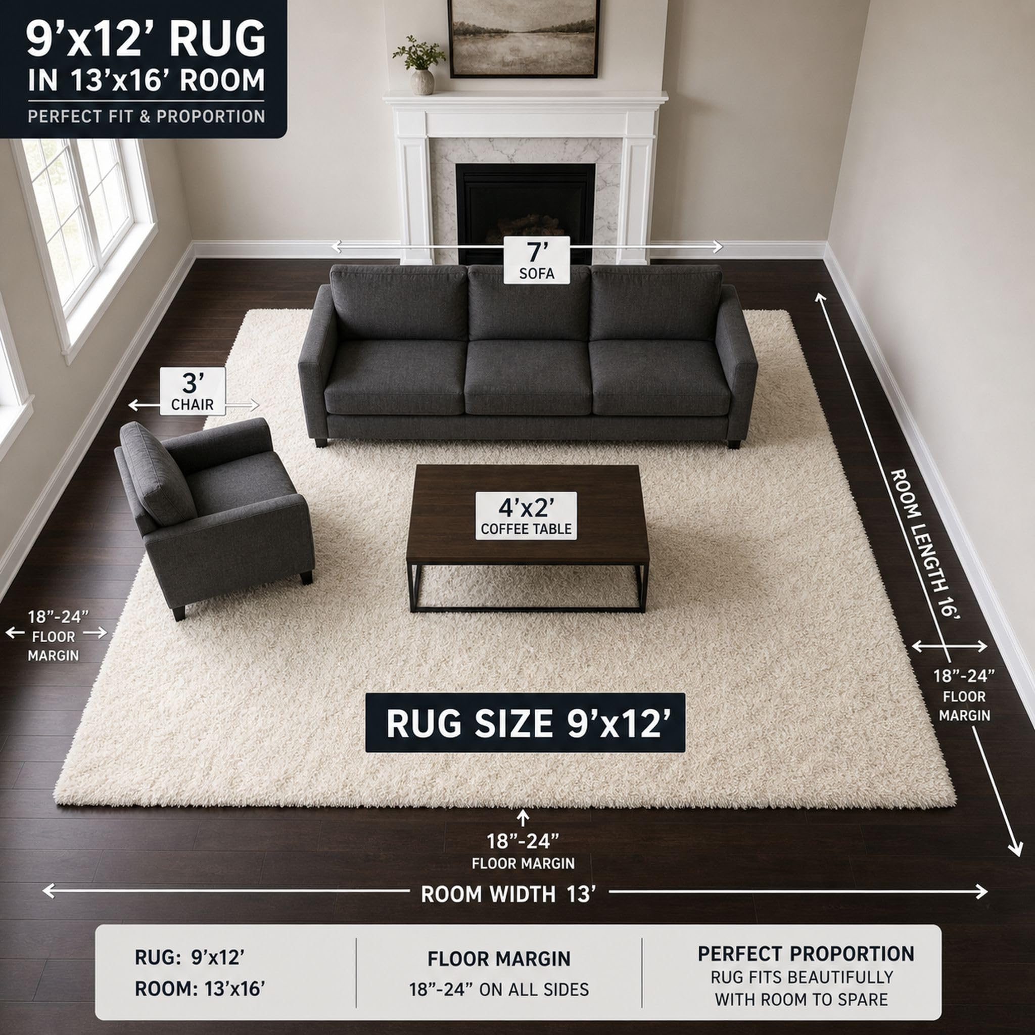 Ophanie rug beside chair for scale demonstrating generous 9x12 coverage