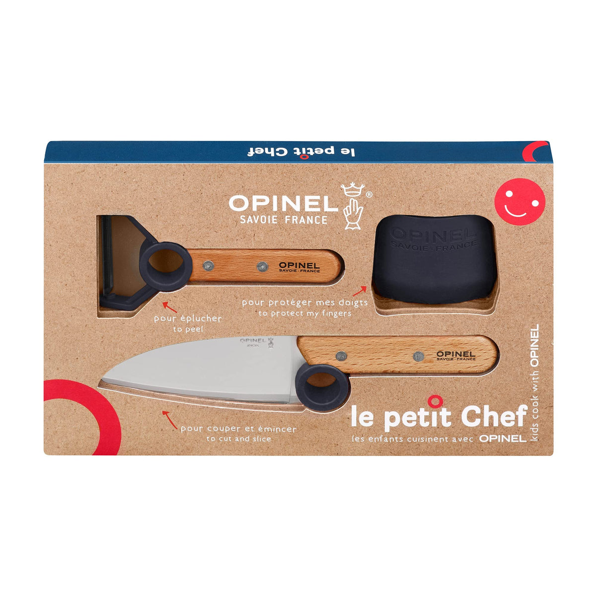 OPINEL front packaging of Le Petit Chef set showing blue handles, safe starter tools