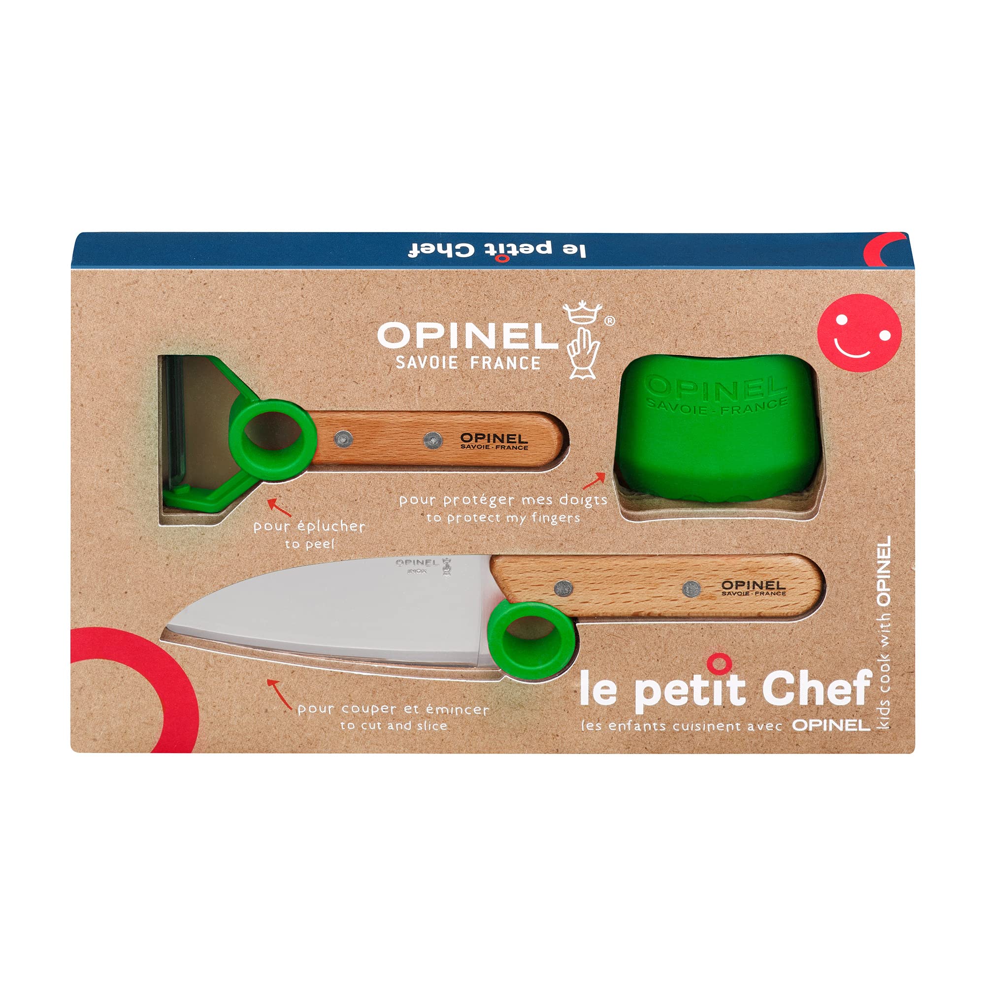 OPINEL Le Petit Chef front packaging showing green set and components promotes safe learning