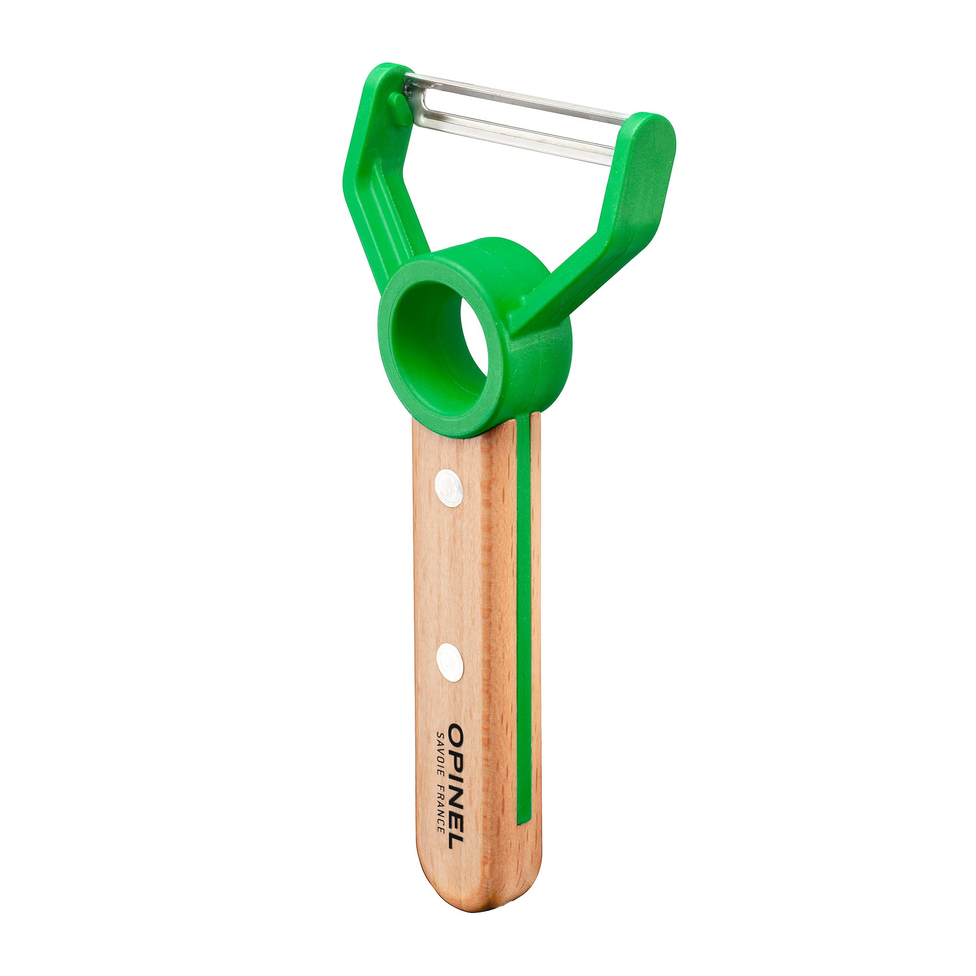 OPINEL peeler single-finger grip close view enabling controlled, safe peeling