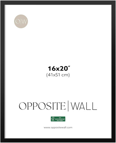 Opposite Wall front view of 16x20 black wood frame showing clean display benefit