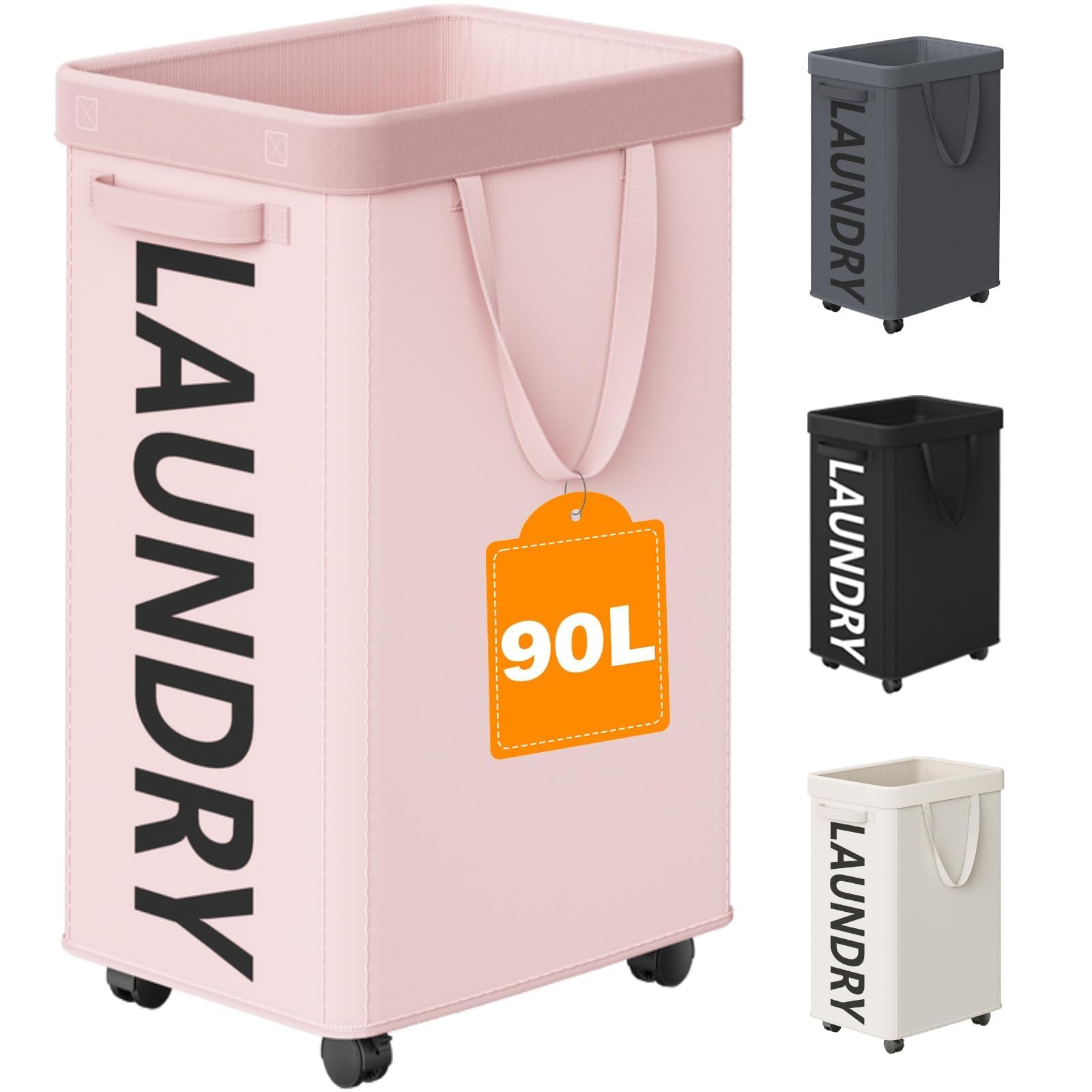 Optish front view of 90L rolling laundry basket showing large capacity and neat storage