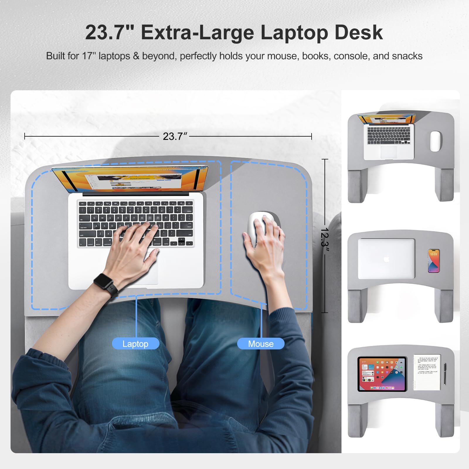 OPTIXCELL laptop and mouse on desk demonstrating space for 17-inch laptop