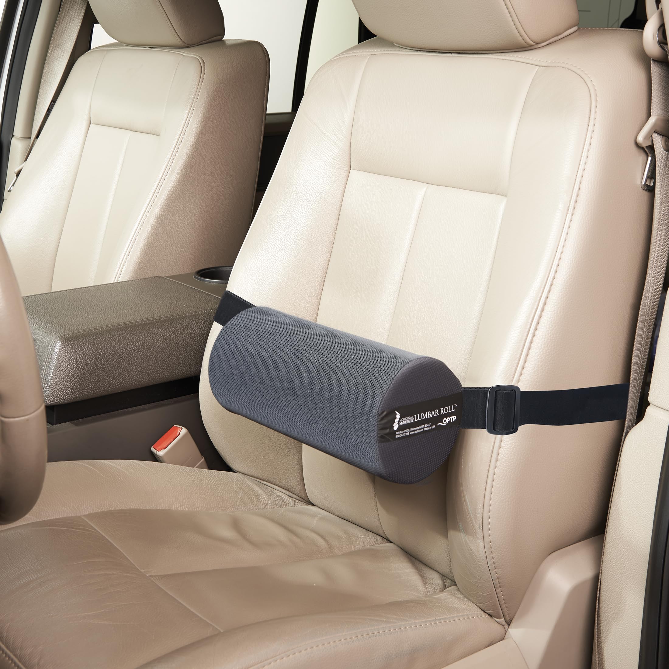 OPTP McKenzie lumbar roll packed in a bag for convenient travel support