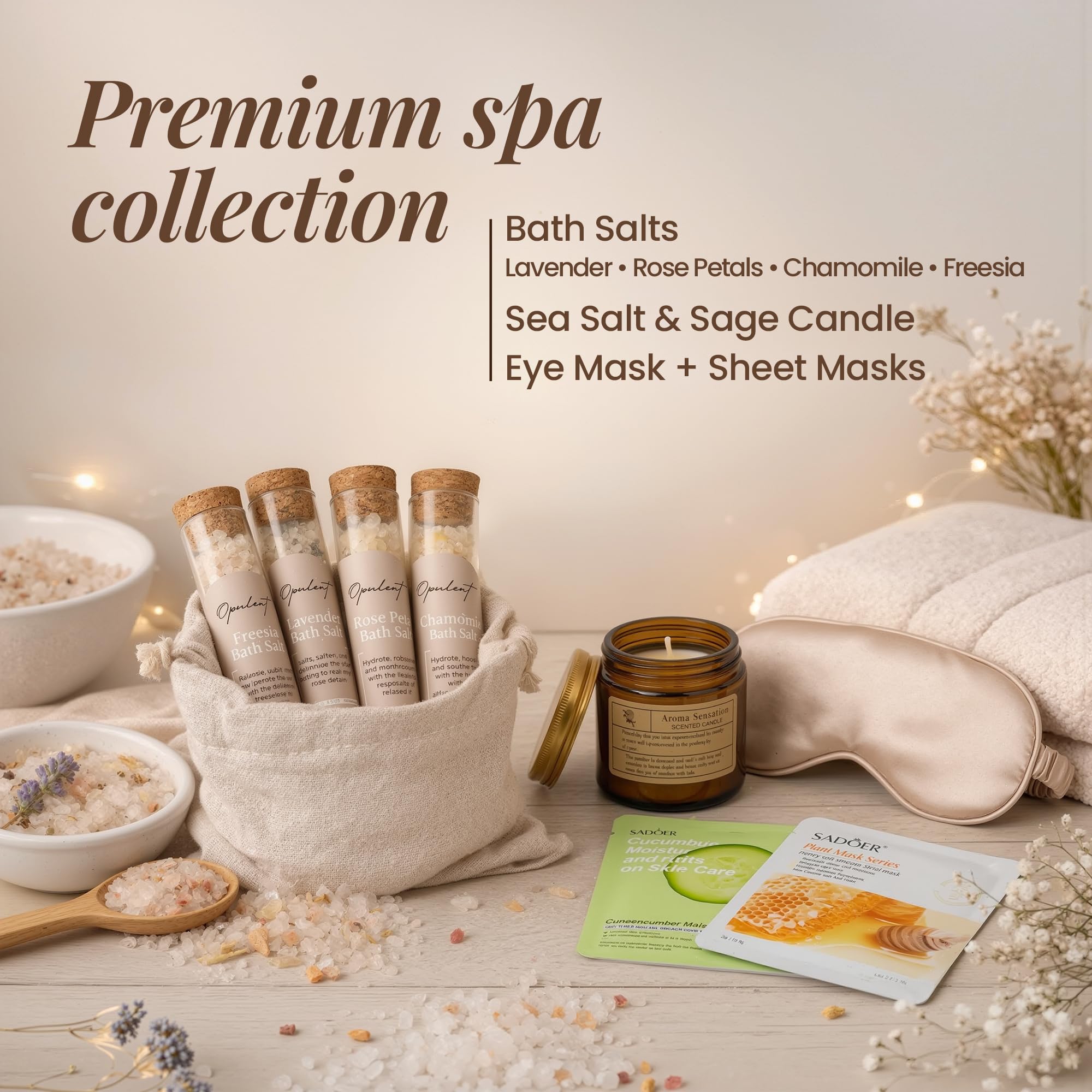 Opulent message card and product labels arranged to show thoughtful personalization