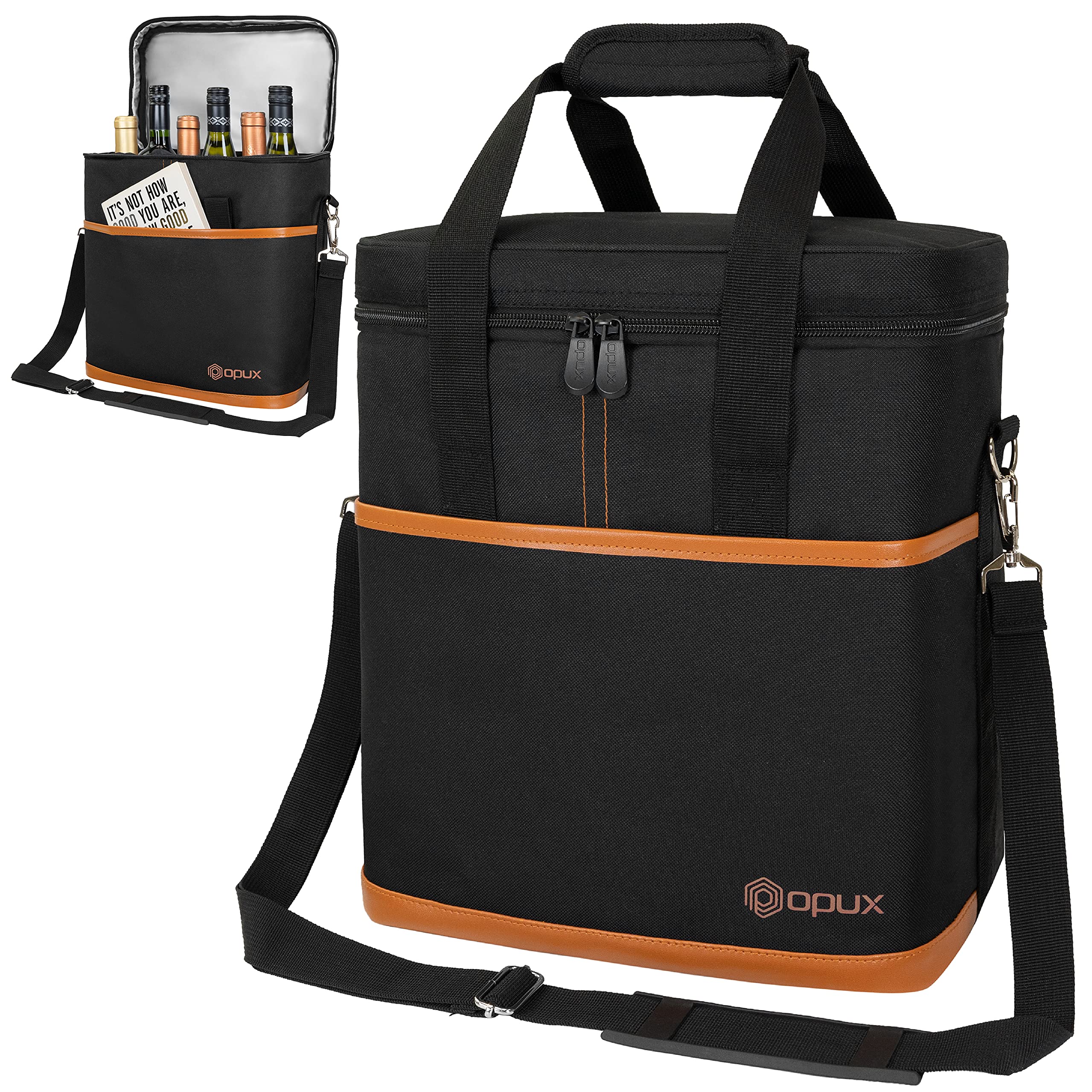 opux front view of brown wine tote showing sleek profile and handles