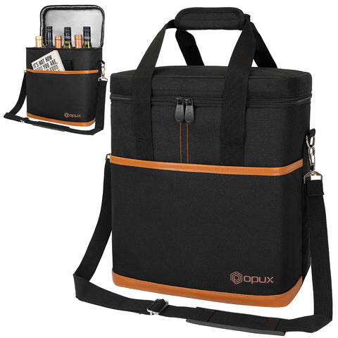 opux front view of brown wine tote showing sleek profile and handles