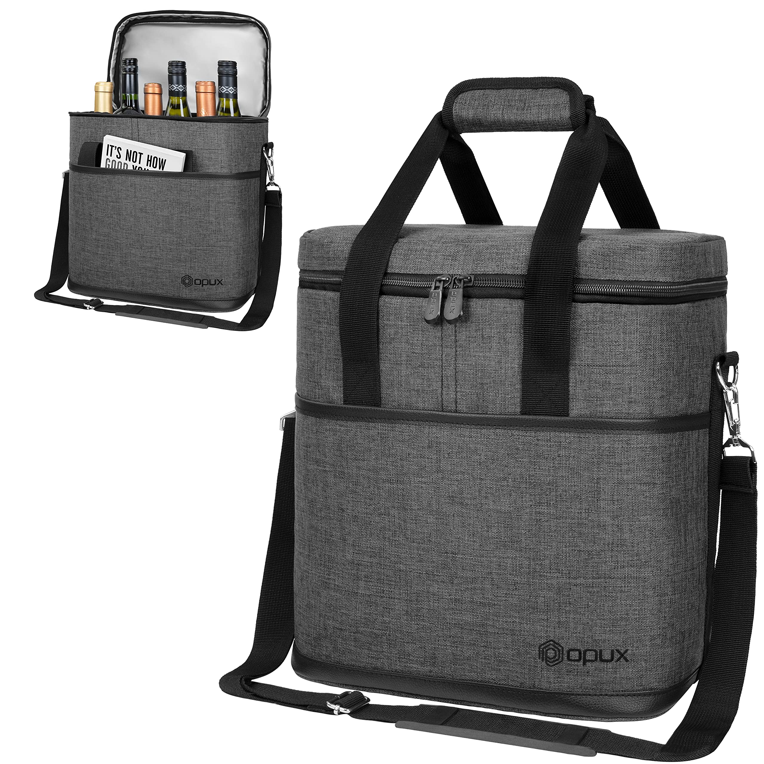 opux front view charcoal tote showing sleek exterior and portability benefit