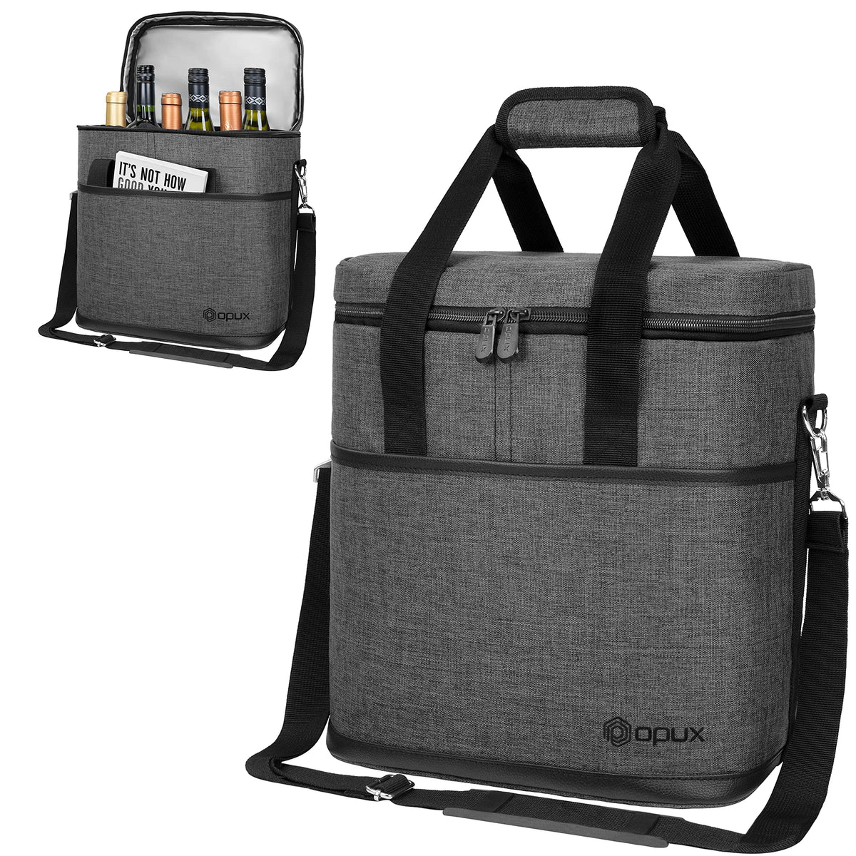 opux front view charcoal tote showing sleek exterior and portability benefit