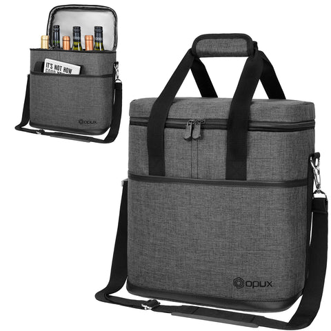 opux front view charcoal tote showing sleek exterior and portability benefit