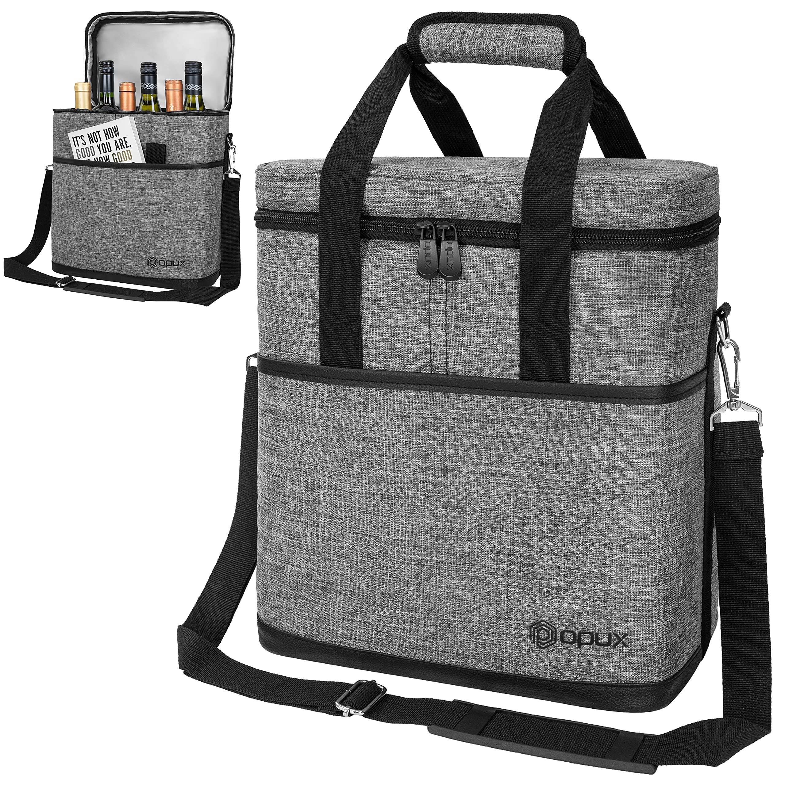 opux front view gray tote showing secure zip and handles, convenient carry benefit