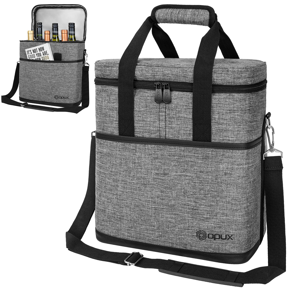 opux front view gray tote showing secure zip and handles, convenient carry benefit