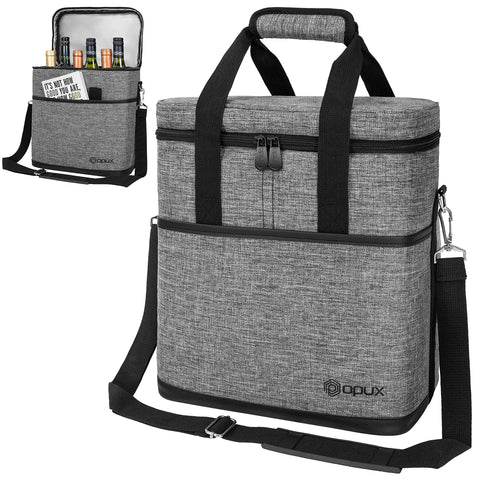 opux front view gray tote showing secure zip and handles, convenient carry benefit