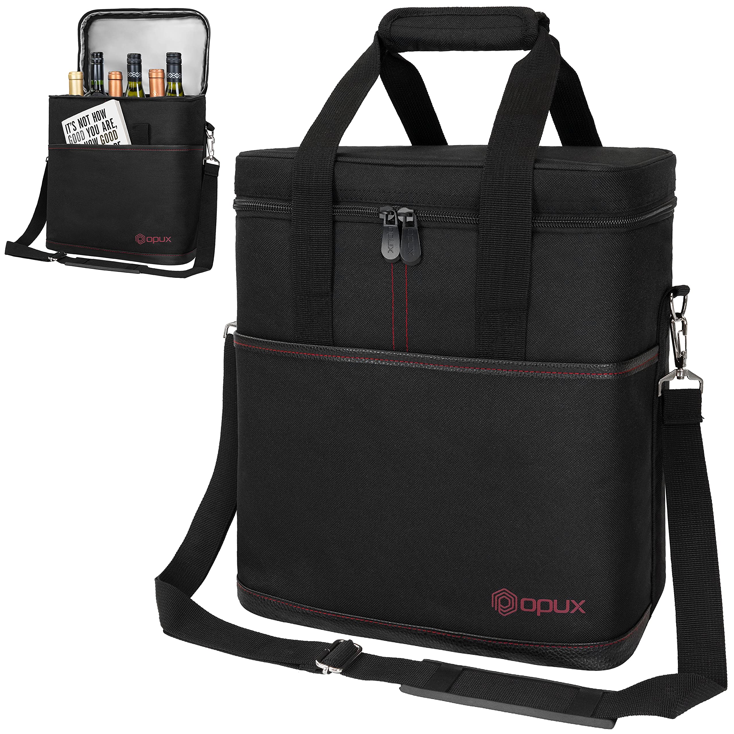 opux front view of closed wine bag showing sleek design and easy transport benefit