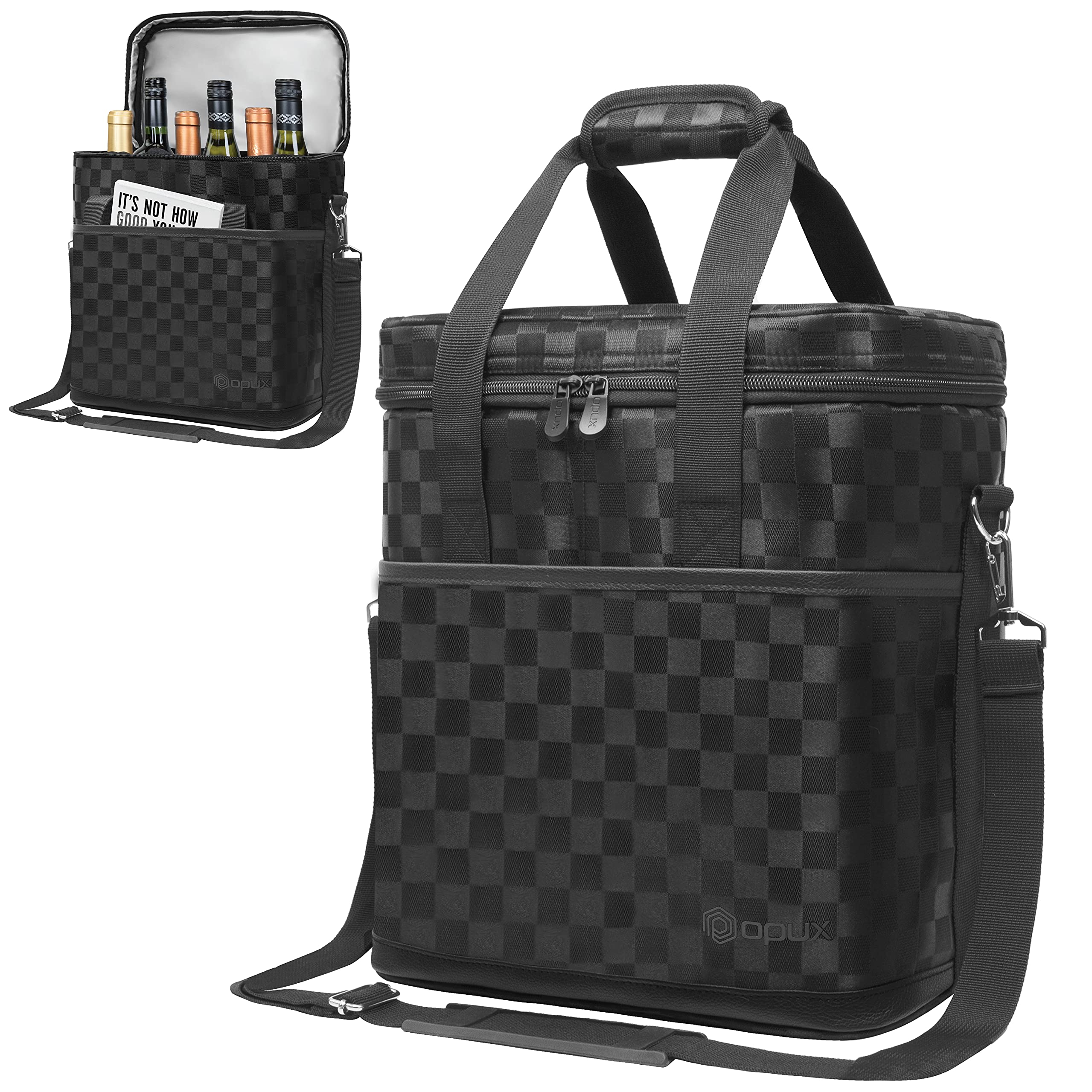 opux front view tote showing compact shape and zip pocket for easy transport
