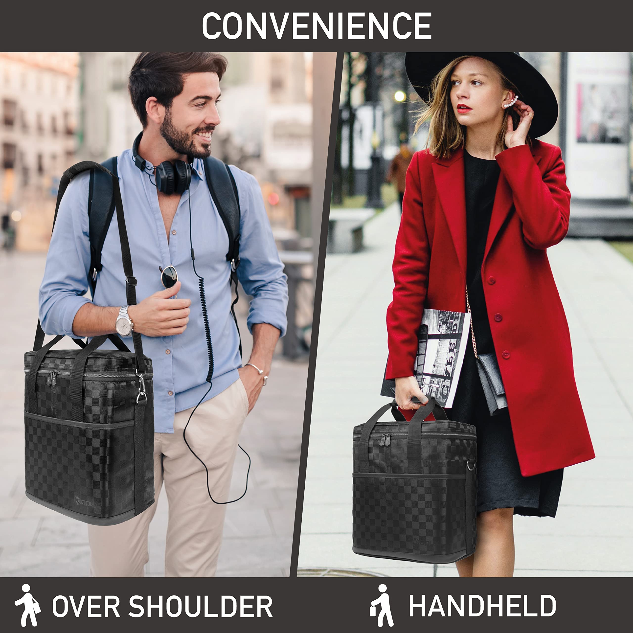 opux shoulder strap worn over shoulder enabling hands-free carrying