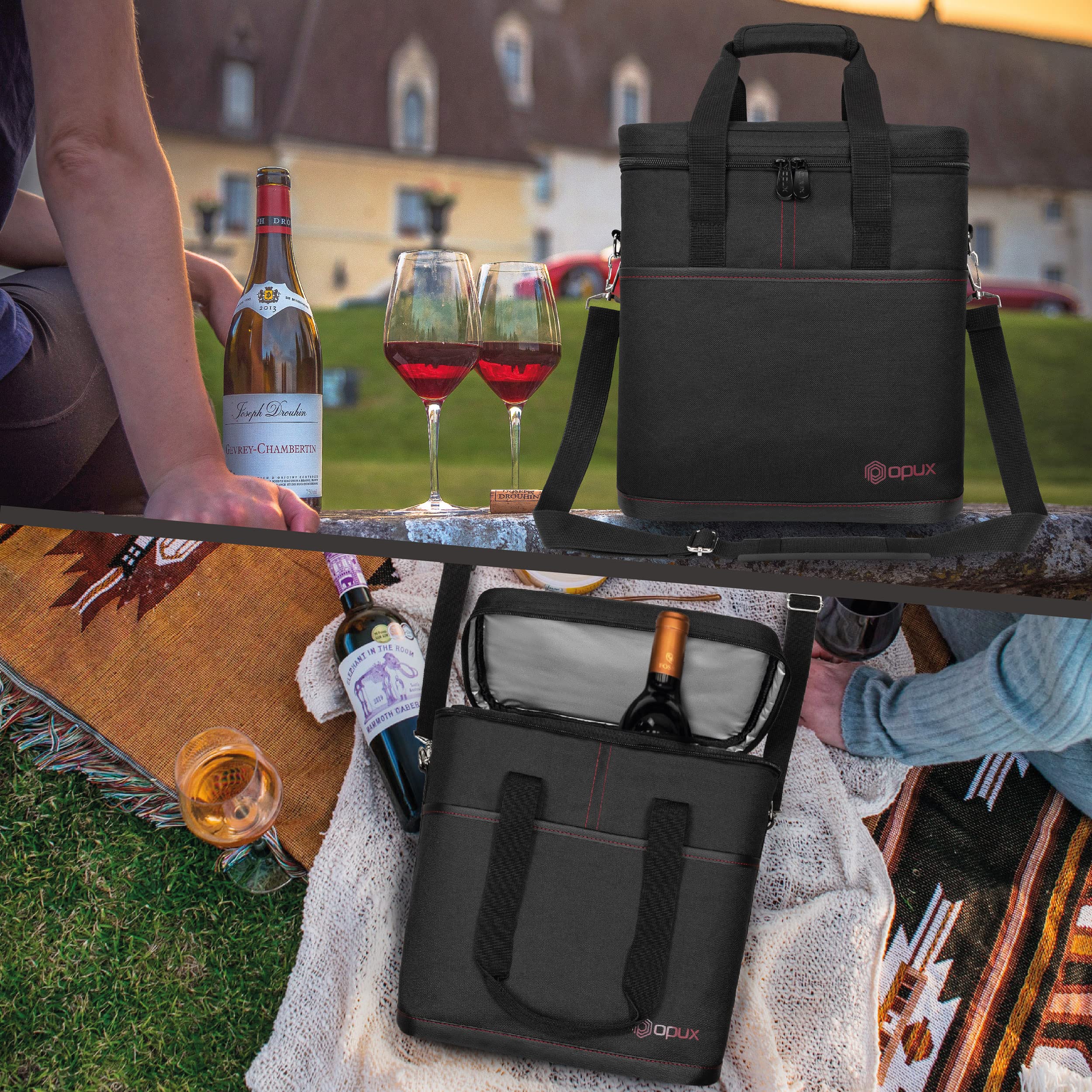 opux bag next to standard 750ml bottles showing fit and size clarity