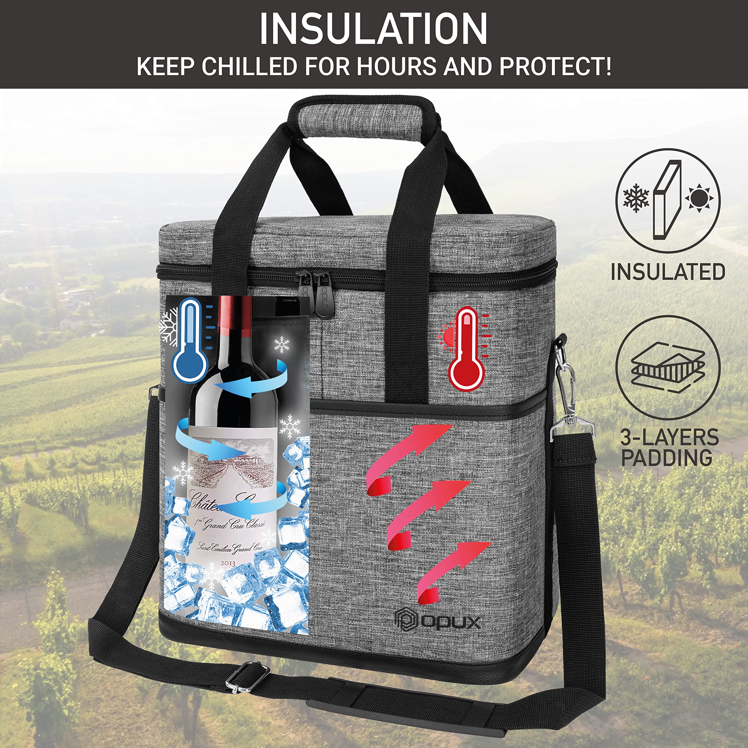 opux close-up of top zipper and PU leather handle, durable travel benefit