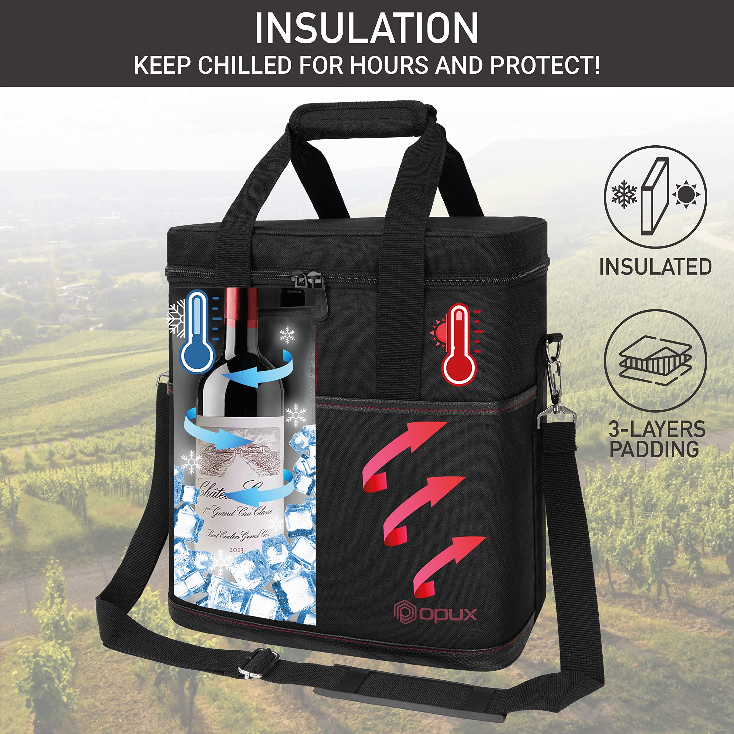 opux open top zipper revealing insulated cavity for chilled bottles and spill control