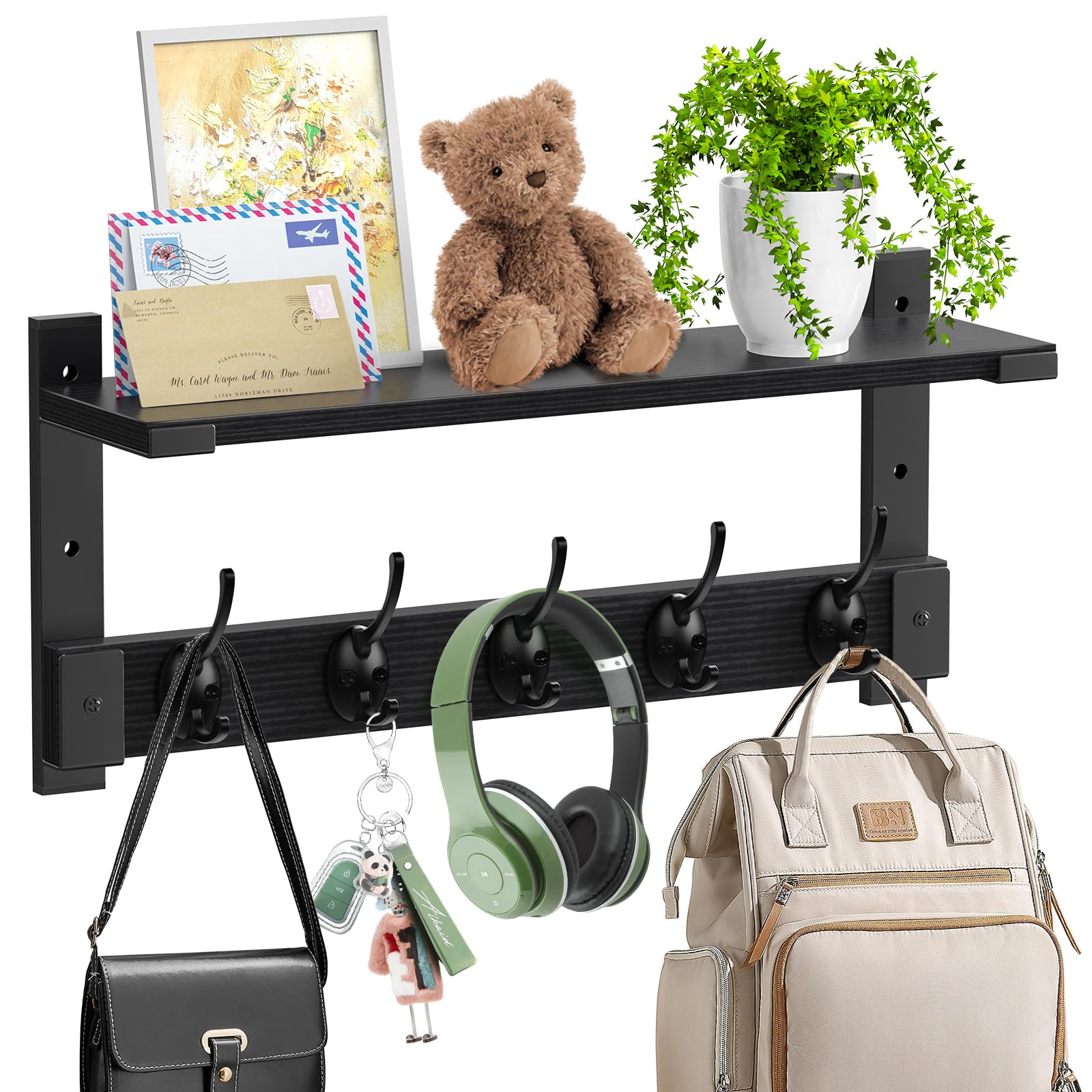 Oraich front view showing shelf and five hooks for organized entryways
