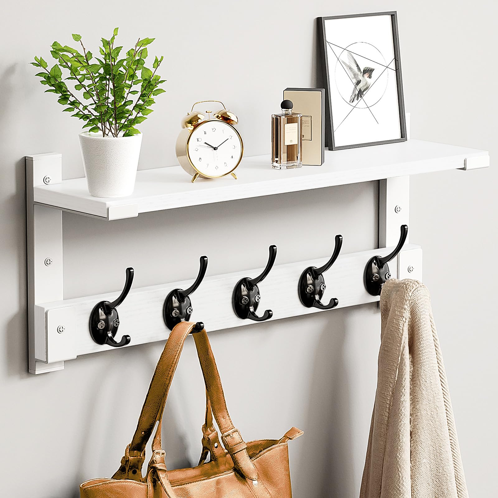 Oraich front view showing white shelf and five hooks, space-saving benefit