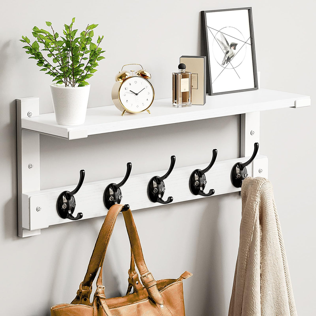 Oraich front view showing white shelf and five hooks, space-saving benefit