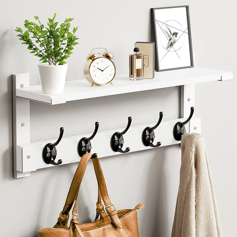 Oraich front view showing white shelf and five hooks, space-saving benefit