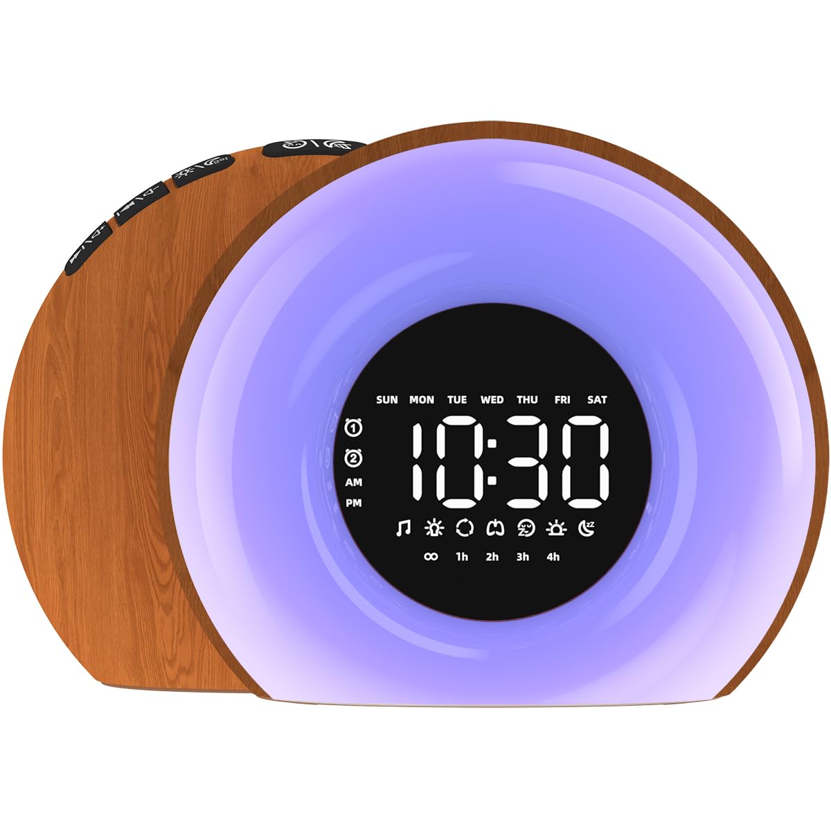 OrangeLight wood grain front view showing display and elegant bedside look