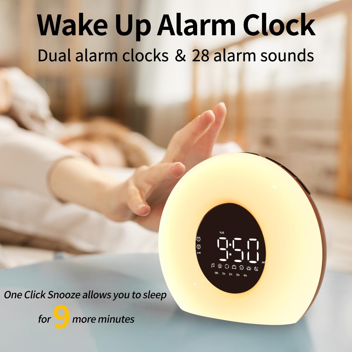 OrangeLight simulating sunrise with gradual warm-to-white glow for gentle waking